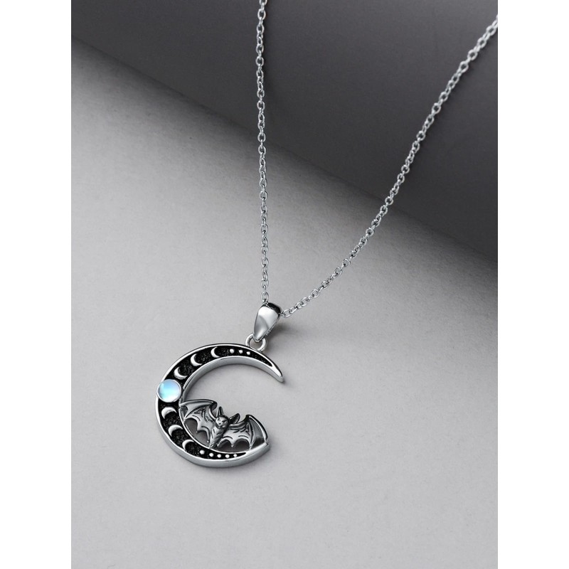Qyvit Moon Bat Necklace 925 Sterling Silver Gothic Pendant Vampire