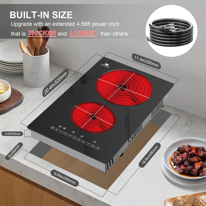 GRACEALL 12 Inch Electric Ceramic Cooktop, 2 Burner Radiant Stove
