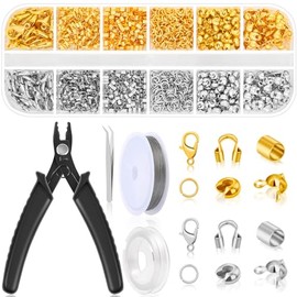 1200 piezas de suministros de cuentas de crimpado para hacer joyas, incluyendo cubiertas de crimpado, tubos de crimpado, cierres y cierres para pulseras, extremos de crimpado, anillos abiertos
