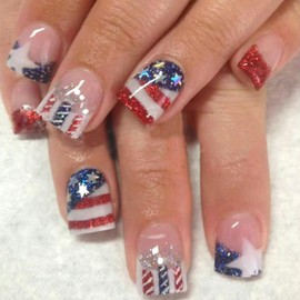 Independence Day Press on Nails Short Square Fake Nails Red Blue False Nails with Glitter French Tips Design Stars Stripes Acrylic Nails Glossy Stick on Nails Glue on Nails for Women 24 Pcs
