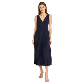 Donna Morgan Elegant V-Neck Sleeveless Pleated Midi Wedding Guest Dresses for Women, Navy Blazer