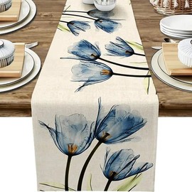 Table Runners, Fabric Table Runner 72x13 Inch Linen Tulip Table Runner Farmhouse Burlap Dining Table Dresser Table Runners Wedding Party Xmas Table Decoration (Blue)