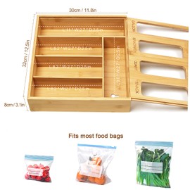 DUJEN Plastic Bag Organizer for Drawer, Bamboo Food Storage Bags Container Organizer with Slider, Baggie Bags Storage for Drawer Compatible with Gallon, Sandwich Variety Size Bags