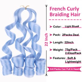 Unionbeauty French Curl Braiding Hair Light Blue 22 Inch French Curly Braiding Hair 2 Packs Crochet Braids Pre Stretched for Goddess Box Braids Crochet Hair Curly Braiding Hair Extension