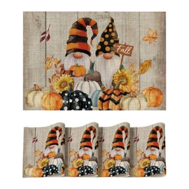 Artoid Mode Wood Pumpkin Gnomes Leaves Fall Vinyl Placemats Set of 4, Wipeable Woven PVC Table Mats for Thanksgiving Holiday Party Kitchen Dining Decor