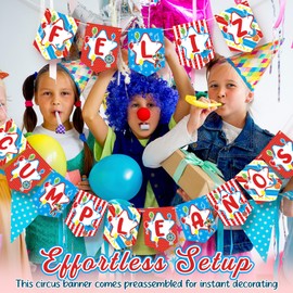 Yexiya Feliz Cumpleaños Banner Circus Carnival Birthday Party Decorations Clown Theme Pre-Strung Bunting Banner Red Blue Yellow Party Decor Supplies