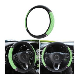 Fekey&JF Bling Soft Leather Steering Wheel Cover, 15 Inch Rhinestones Elastic Steering Wheel Protector, Sparkly Crystal Diamond for Women Girls, Auto Accessories Universal for Most Cars (Green)