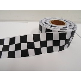 2 metres x 38mm Woven Ribbon Black & White Square 3 Block Checker F1 Racing Chequered Flag Pattern Sillitoe Tartan Police Band 38 mm 3.8cm