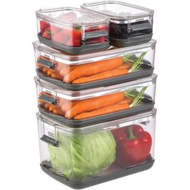 Progressive International Prepworks ProKeeper Food Fresh Produce Storage Container Set, 5- Piece, Clear Containers with Gray Sealed Tight Lids