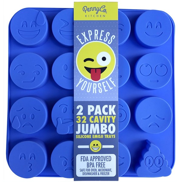 Jumbo Sized Silicone Emoji Molds - 32 Cavity 2 Pack Set by PennyCo Kitchen