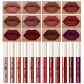 BestLand Kit De 12 Labiales Mate, Tonos Nude Clásicos Y Rojos Intensos, Labial Líquido De Larga Duración, Resistente Al Agua, No Se Corre, No Se...   