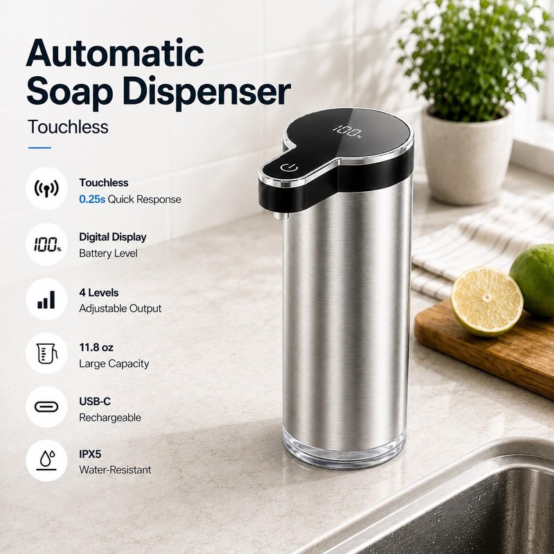 Automatic Liquid Soap Dispenser Touchless, Stainless Steel,USB Rechargeable