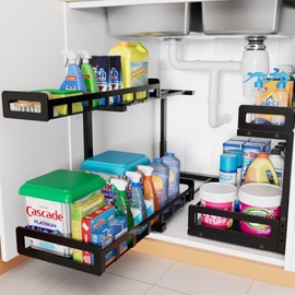 Under Sink Organizer, Metal Large Capacity 2-Tier Sliding Cabinet Storage Rack, Heavy-Duty Rust-Resistant Steel Frame, Holds 50 lbs, Adjustable Height 12–16", 14"D x 11"W for Kitchen & Bathroom, Black