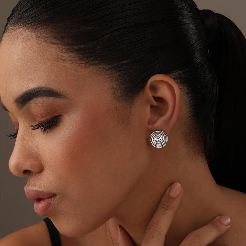 LeCalla 925 Sterling Silver Round Texture Antique Clip On Earrings