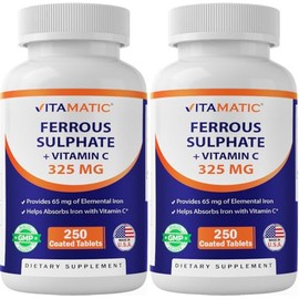 Vitamatic Ferrous Sulfate 325 mg with Vitamin C 100 mg (65 mg Elemental Iron) – High Potency Iron Supplement – No Artificial Colors – 250 Coated Tablets, Made in USA - 2 Pack
