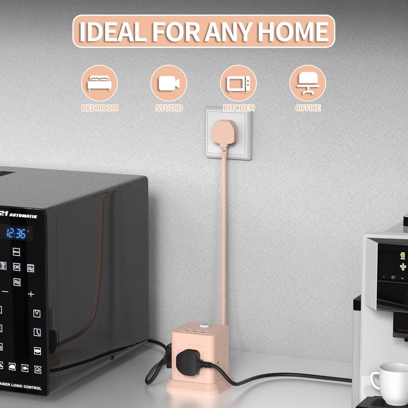 Cube Extension Lead with USB Slots, BEVA 4 Way Multi