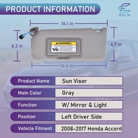Sun Visor Left Driver Side LH with Mirror and Light, Fit for 2008 2009 2010 2011 2012 2013 2014 2015 2016 2017 Honda Accord, Replacement OE# 83280-TA5-A51ZA, Color: Gray (Left Driver Side)