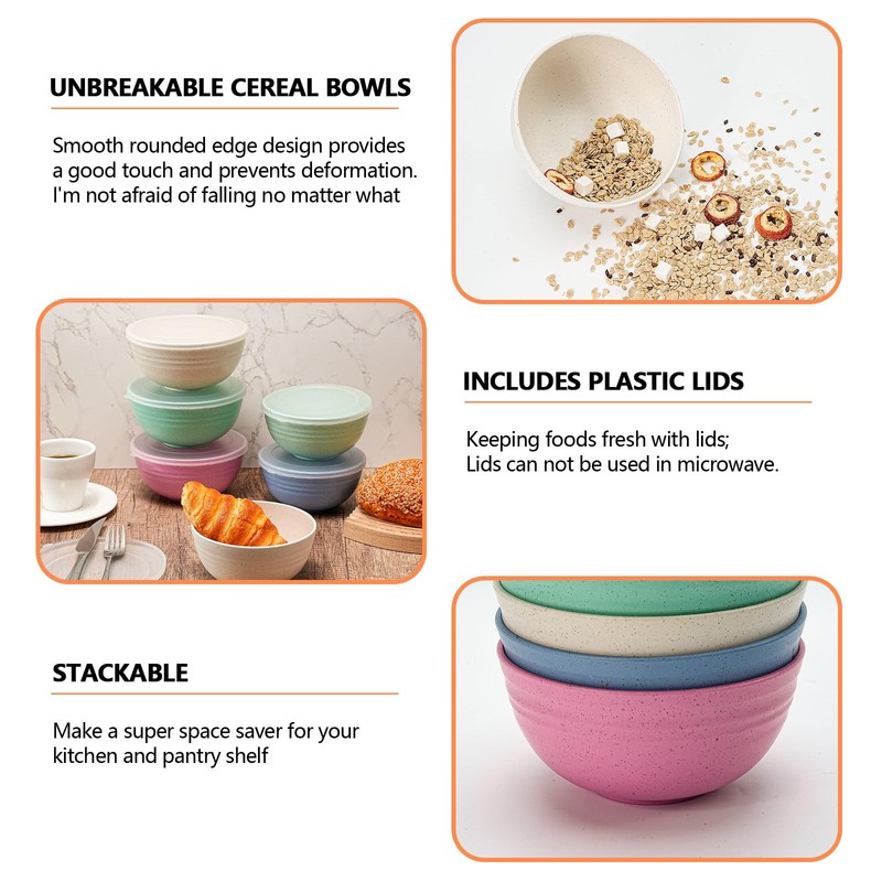 Betinyar Cereal Bowls with Lids, Unbreakable Plastic Bowl with Lids