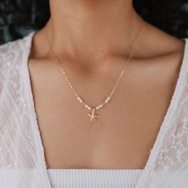 Gold Shell Necklace - Dainty Beach Necklaces for Women Shell Starfish Conch Pearl Accessory Preppy Stuff 18K Gold Plated Stainless Steel Waterproof Summer Beach Jewelry 3