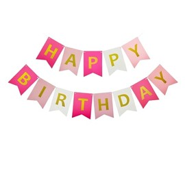 Pinks & White Happy Birthday Bunting Banner Pastel Hanging Letters Party Decoration Garland With Gold Letters Large (20cm x 16cm)