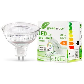 greenandco CRI 90+ dimmable LED Spot | MR16 GU5.3 | 6.5W 510lm | 3000K Warm White | COB LED | 38° | 12V AC/DC