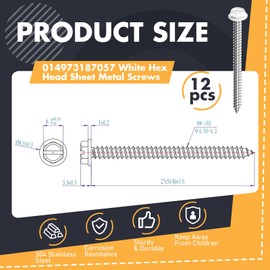 Tandefio 12 Piece 014973187057 White Hex Head Sheet Metal Screws Gutter Downspout Self Tapping Screws for Gutter and Downspout