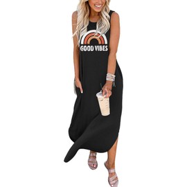 Sxkayxr Sxkayxr Women's Summer Sleeveless Maxi Dress Casual Loose Beach Good Vibes Tshirt Dresses with Pockets Black