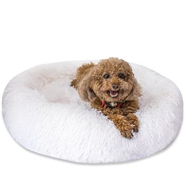 SM4BED Calming Dog Bed for Small Medium Dogs Cats, 23'' Round Anti-Anxiety Warm Fluffy Plush Faux Fur Bed, Soft Anti-Slip Donut Washable Pet Bed, Fits up to 30 lbs Pets