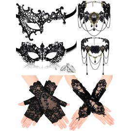 Newcotte 6 Pcs Masquerade Dresses Women Costume Accessories Lace Mask, Choker Necklace, Fishnet Gloves for 80s Retro Party(Modern Style)