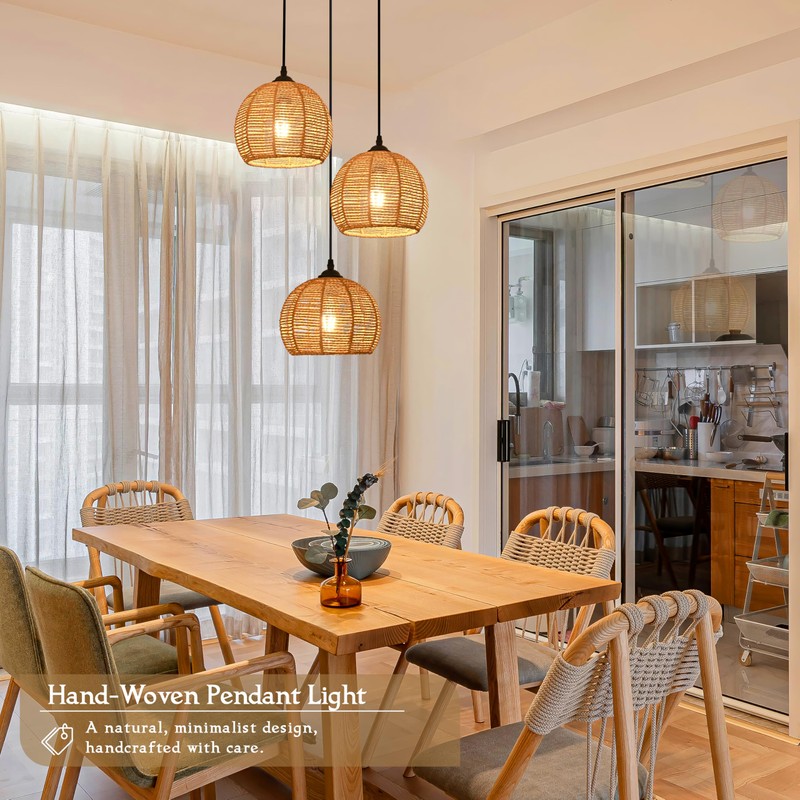 3-Light Mini Hemp Rope Woven Pendant Light Kitchen Island,3 Dome