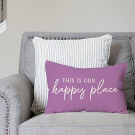 PANDICORN Farmhouse Lumbar Decorative Throw Pillow Covers 12x20 Set of 2 Welcome This is Our Happy Place Purple Outdoor Spring Summer Front Porch Patio Decorations Cushion Cases for Home Couch Decor
