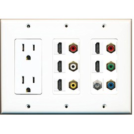 RiteAV (3 Gang 15 Amp Outlet 5 HDMI Coax Composite RGB Video RCA White Yellow Wall Plate
