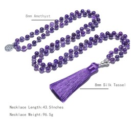 Hovaete 108 Mala Prayer Beads Necklace Natural Stones Meditation Yoga Jewery 108 Hand Knotted Japa Mala Beaded Long Tassel Necklace with Tree of Life Pendant for Men and Women, suit, Stone, No