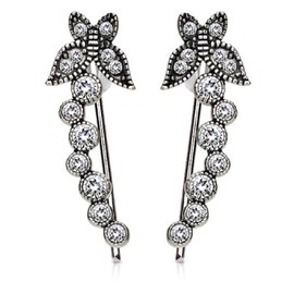 PIERCE ME (1 Pair) Antique Silver Finish Crystals Paved Butterfly and Bubbles Prepacked Ear Crawler/Ear Climber