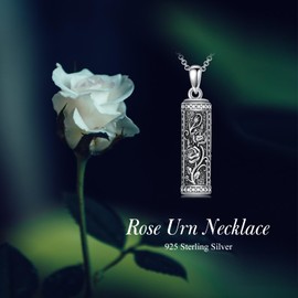LEECCI Rose Urn Necklace for Ashes 925 Sterling Silver Hollow Cylinder Cremation Keepsake Memorial Jewelry Gifts Bar Urn Pendant Necklace for Women Men