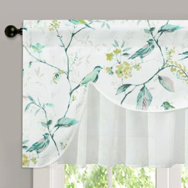 VOGOL Country Bird Printed Valance - 52x18 Inch Dual Layer Window Curtain for Sitting Room, Green Avian Pattern Valances Voile with Faux Linen Backing for Privacy & Style (1 Panel)