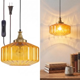 OURIFU 11 inch Large Plug in Pendant Light, Mid Century Amber Glass Hanging Lamp Plug in with Switch, Ribbed Swag Brass Pendant Lamp for Bedroom, Bedside, Living Room, Apartment, Reading Nook