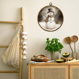 QZQE Vintage Winter Snowman Round Wall Art Decor Framed, Rustic Farmhouse Cottage Christmas Canvas Prints, Retro Xmas Cozy Winter Holiday Wall Hanging Decor for Home Bedroom Living Room, 10x10 Inch