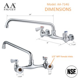AA Faucet 8" Wall Mount Commercial Compartment Sink Faucet with 14" Swivel Spout for Restaurant Kitchen, NSF Approved