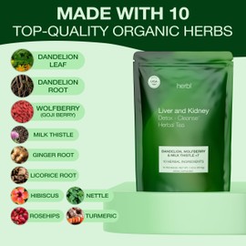 Organic Dandelion Wolfberry Tea - Kidney and Liver Detox Tea - Organic Liver Kidney Cleanse & Detox with Dandelion, Goji Berry, Milk thistle, Turmeric, Hibiscus and extra Herbal Ingredients
