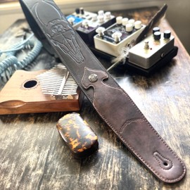 Walker & Williams LIP-19 Metallic Copper Brown Carved Leather Spade Cut Guitar Strap with Tooled Longhorn Steer And Texas Star For Acoustic, Electric, And Bass Guitars