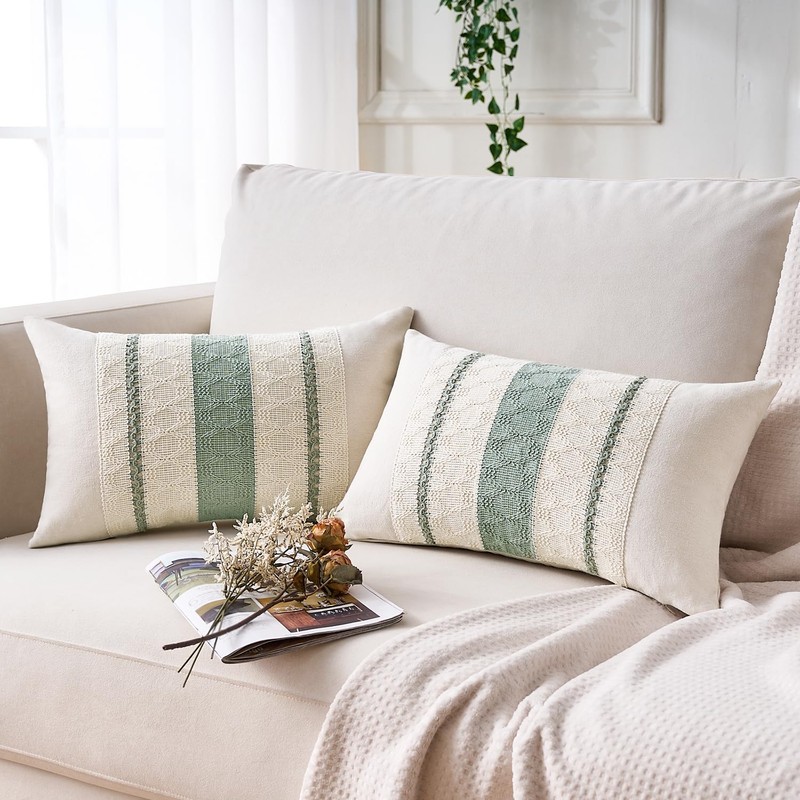 Cushion Covers Sage Green Boho Striped Geometric Decorative Cotton Pillowcases