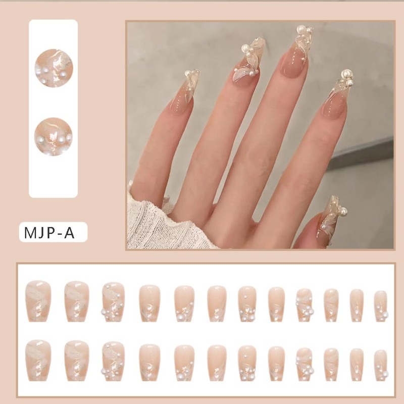 ネイルチップ チップキャッツアイパ-ルフアッション取り外し可能なウエアラプルネイルズ 春夏ショートネイルシール，24枚入 (A, ミディアム)