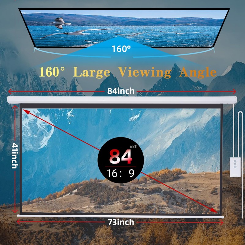 Pull Down Projector Screen Motorized 84 Inch 16:9 HD Electric