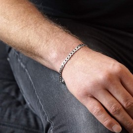 Materia SA-63 Men's Bracelet Curb Chain Silver 925 Flat Curb Bracelet Men 6 mm Wide Diamond Cut in 18-24 cm, Sterling Silver