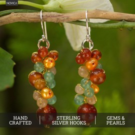 NOVICA Artisan Handmade Pearl Carnelian Beaded Earrings Thailand Yellow Quartz Cluster Sterling Silver Plated Dyed Cultured Multicolor Dangle Birthstone [1.8 in L x 0.4 in W] ' Golden Vines'