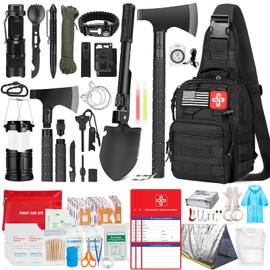 Survival Kit, 262Pcs Survival Gear and Supplies with First Aid Kit Pouch and Crossbody Bag, Emergency Kit with Tent, Camping Axe Hammer, Survival Shovel w/Pick, Bug Out Bag Gifts for Men Women (Red)