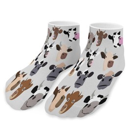 Xmkltbz 5 Pairs Short Soft Socks, Unisex Compression Crew Knee High Athletic Circulation Socks for Sports Running 8x3.7 in Print Cow Head Sets Seamless on Grey