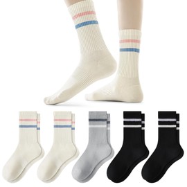 FIYIGO 5 Pairs Cotton Crew Socks for Women, Casual Retro Soft Cozy Athletic Running Breathable Striped Tube Socks -2 White 2 Black 1 Gray