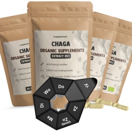 Cupplement - 4 Beutel Chaga Extrakt Kapseln 60 Stück - 20:1 - Kostenlose Pillendose - Bio - 400 MG - Superfood - Pilz - Mushroom - Keine Tee, Pulver, Powder oder Kaffee - Brocken - Heilpilz